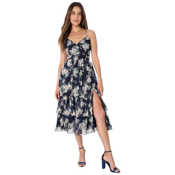 Lulus Cultivate Crushes Navy Floral Print Tiered Ruffled Midi Dress Size S - Picture 6 of 12
